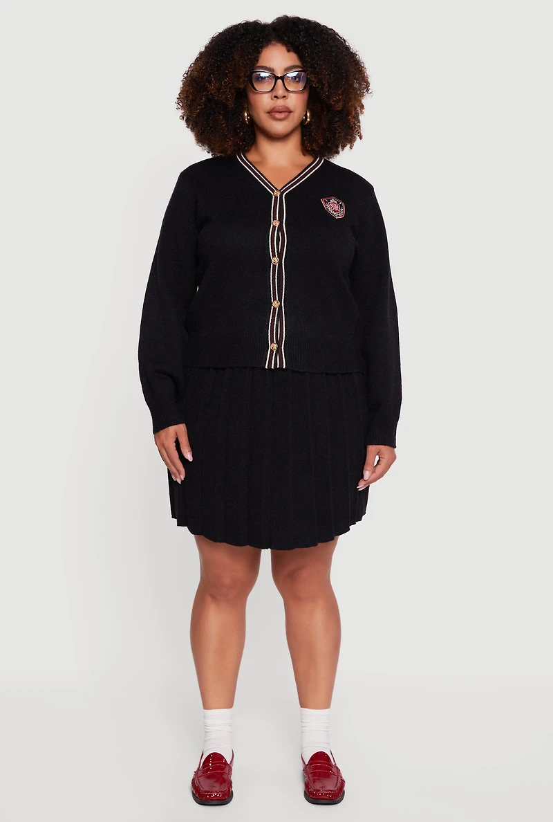 Womens Plus Striped Trim Teddy Bear Button Front Cardigan,