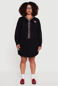 Womens Plus Striped Trim Teddy Bear Button Front Cardigan,