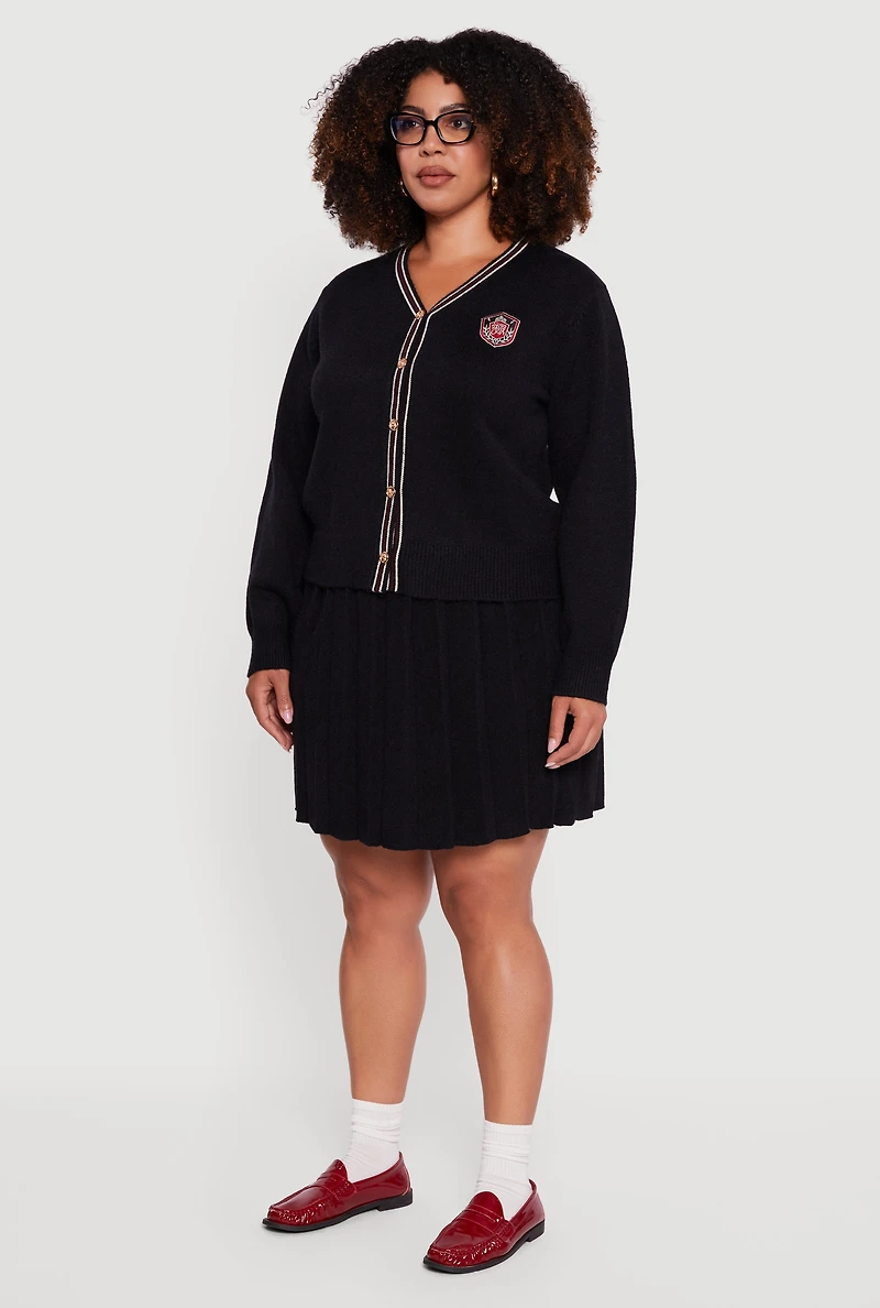 Womens Plus Striped Trim Teddy Bear Button Front Cardigan,