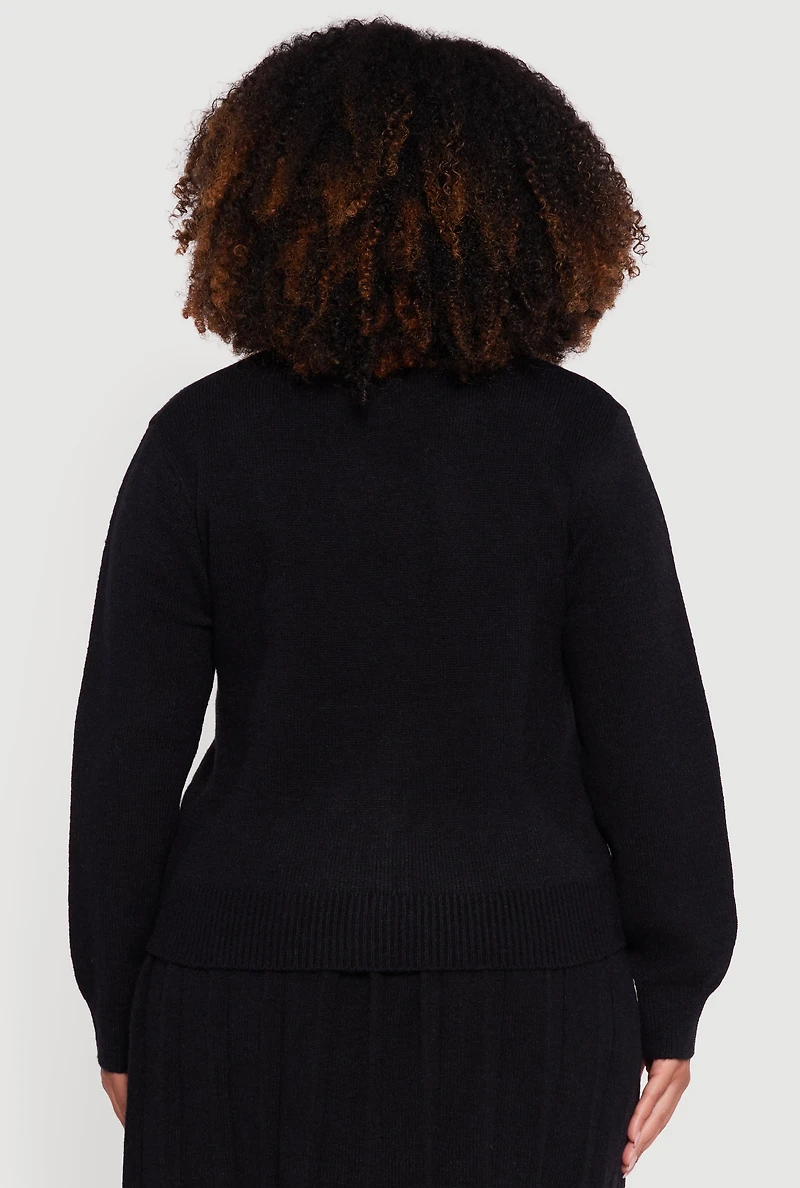 Womens Plus Striped Trim Teddy Bear Button Front Cardigan,