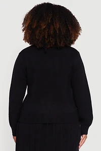 Womens Plus Striped Trim Teddy Bear Button Front Cardigan,