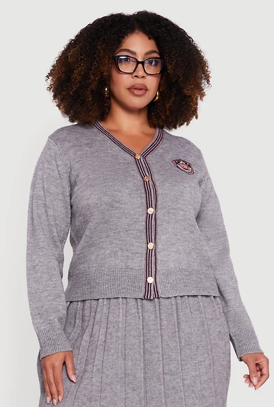 Plus Striped Trim Teddy Bear Button Front Cardigan