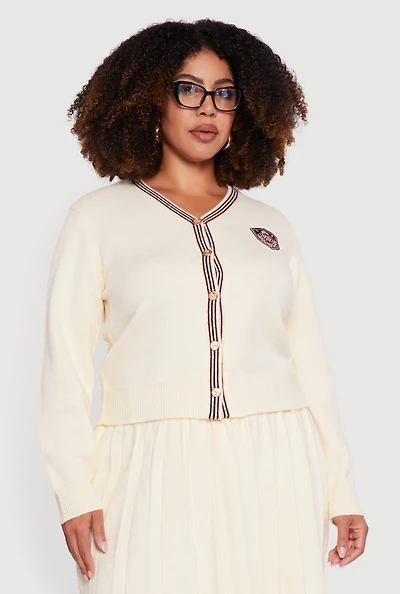 Womens Plus Striped Trim Teddy Bear Button Front Cardigan,