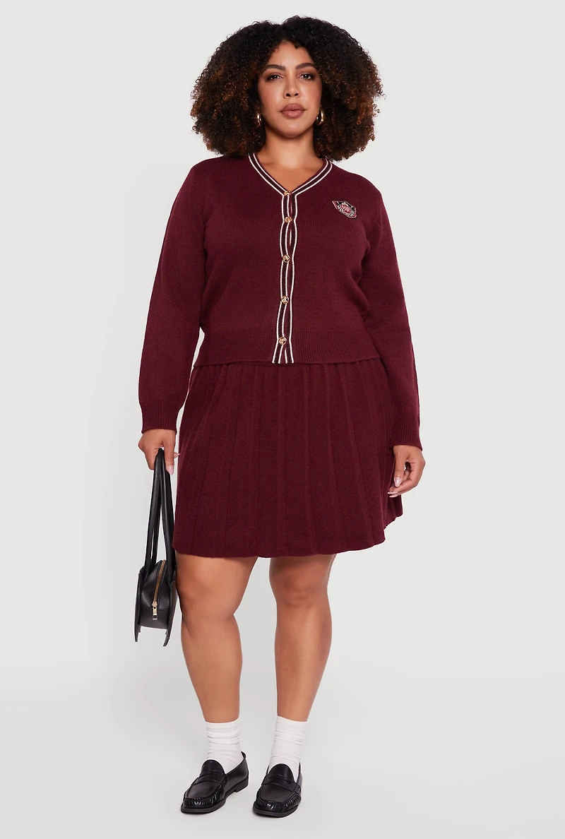 Womens Plus Size High Waisted Stripe Trim Mini Pleated Skirt, Burgundy, Size 1X