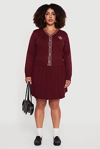 Womens Plus Size High Waisted Stripe Trim Mini Pleated Skirt, Burgundy, Size 1X