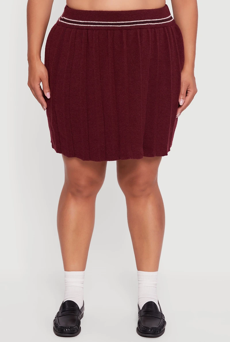 Womens Plus Size High Waisted Stripe Trim Mini Pleated Skirt, Burgundy, Size 1X