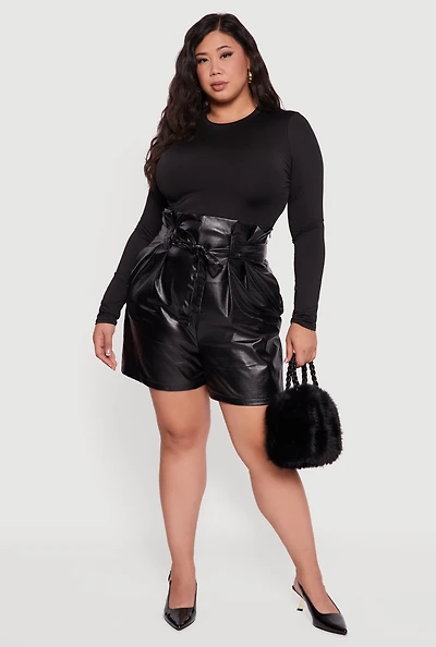 Womens Plus Size Faux Leather Paper Bag Waist Shorts with Tie Waist Belt, Black, Size 3X
