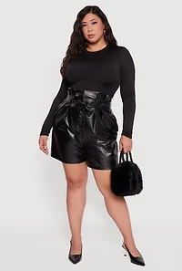 Womens Plus Faux Leather Paper Bag Waist Shorts with Tie Belt, Black,