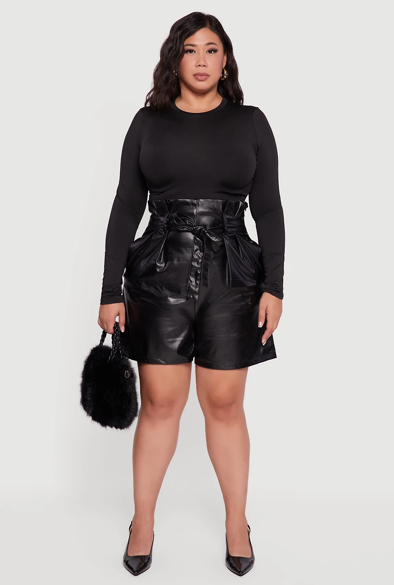 Womens Plus Faux Leather Paper Bag Waist Shorts with Tie Belt, Black,