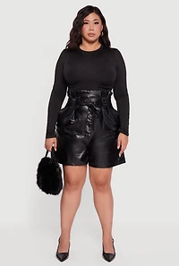 Womens Plus Faux Leather Paper Bag Waist Shorts with Tie Belt, Black,
