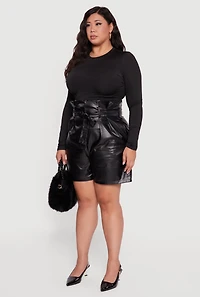 Womens Plus Faux Leather Paper Bag Waist Shorts with Tie Belt, Black,