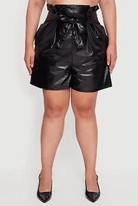 Womens Plus Faux Leather Paper Bag Waist Shorts with Tie Belt, Black,