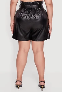 Womens Plus Faux Leather Paper Bag Waist Shorts with Tie Belt, Black,