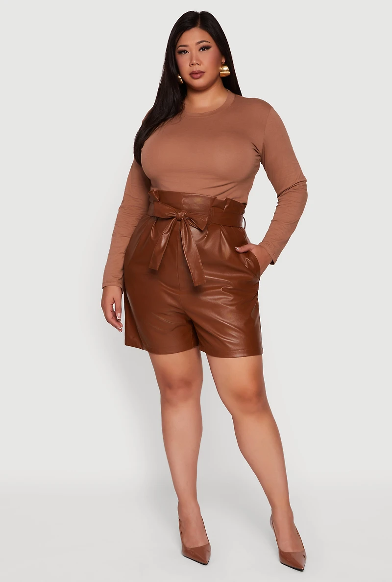 Plus Faux Leather Paper Bag Waist Shorts with Tie Belt