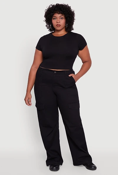 Womens Plus High Waisted Twill Wide Leg Cargo Pants, 1X