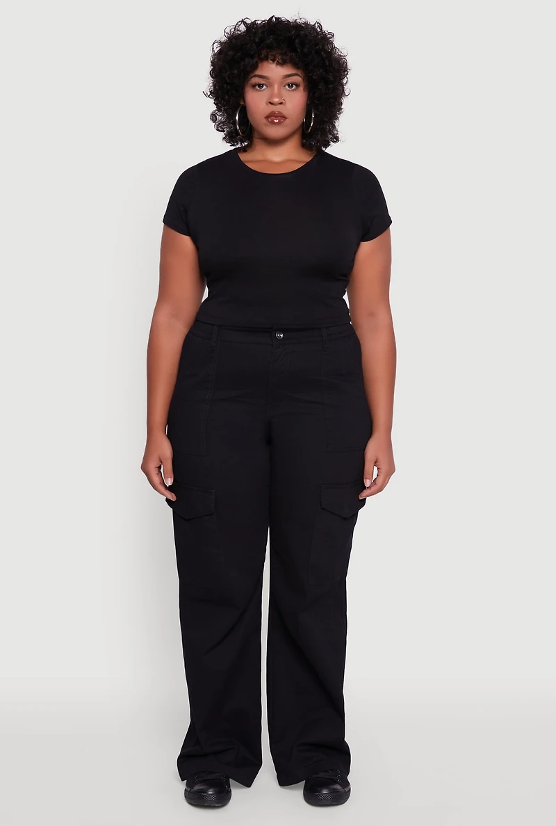 Womens Plus High Waisted Twill Wide Leg Cargo Pants, 1X