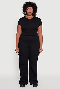 Womens Plus High Waisted Twill Wide Leg Cargo Pants, 1X