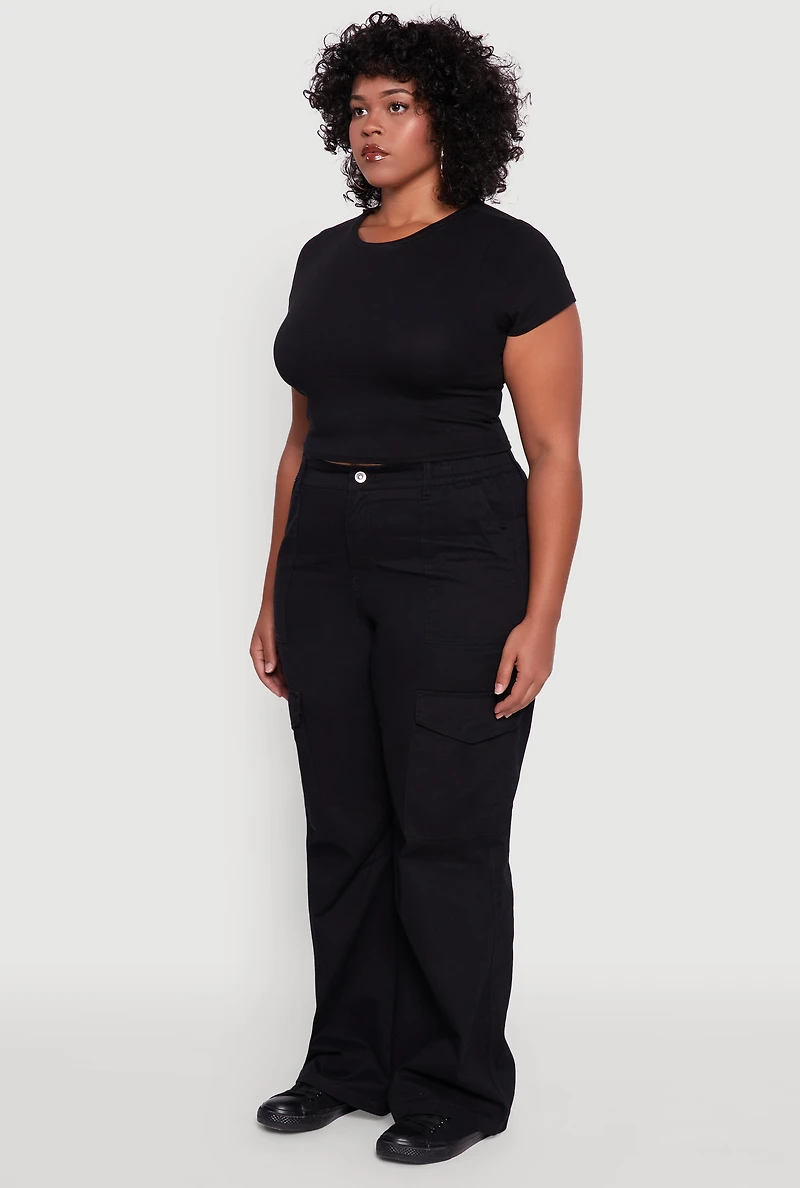 Womens Plus High Waisted Twill Wide Leg Cargo Pants, 1X
