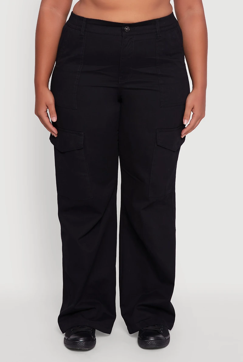 Womens Plus High Waisted Twill Wide Leg Cargo Pants, 1X