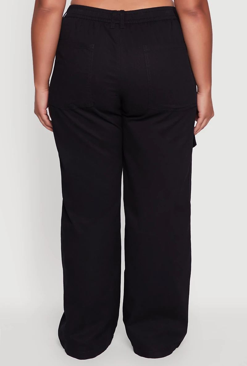Womens Plus High Waisted Twill Wide Leg Cargo Pants, 1X