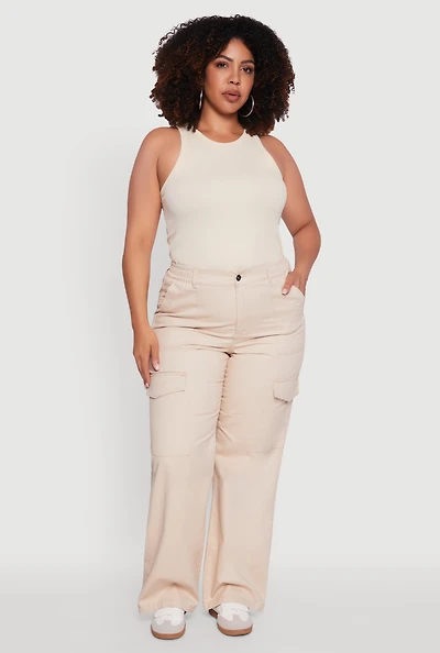 Womens Plus Size High Waisted Twill Wide Leg Cargo Pants, Khaki, Size 3X