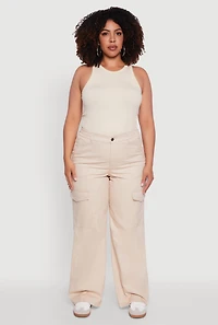 Womens Plus Size High Waisted Twill Wide Leg Cargo Pants, Khaki, Size 3X