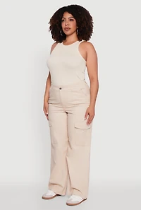 Womens Plus Size High Waisted Twill Wide Leg Cargo Pants, Khaki, Size 3X