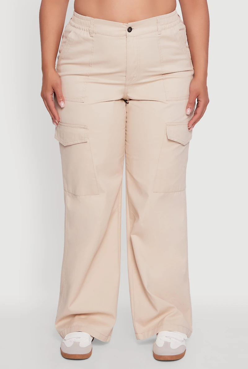 Plus High Waisted Twill Wide Leg Cargo Pants
