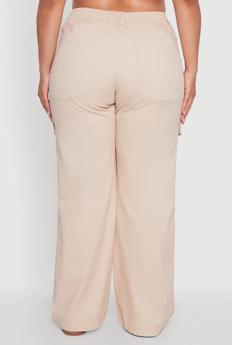Womens Plus Size High Waisted Twill Wide Leg Cargo Pants, Khaki, Size 3X