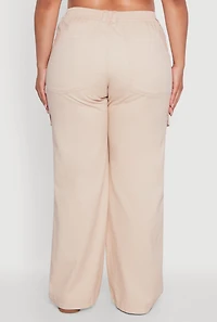Womens Plus Size High Waisted Twill Wide Leg Cargo Pants, Khaki, Size 3X