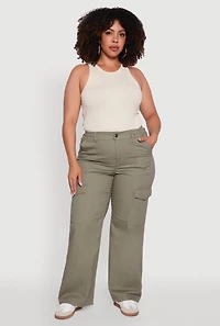 Womens Plus High Waisted Twill Wide Leg Cargo Pants, Green,