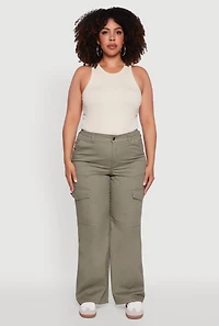 Womens Plus High Waisted Twill Wide Leg Cargo Pants, Green,