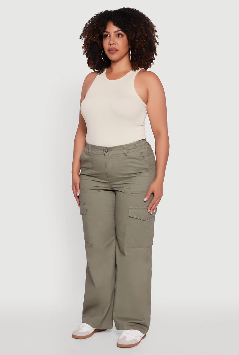 Womens Plus High Waisted Twill Wide Leg Cargo Pants, Green,