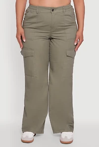 Womens Plus High Waisted Twill Wide Leg Cargo Pants, Green,