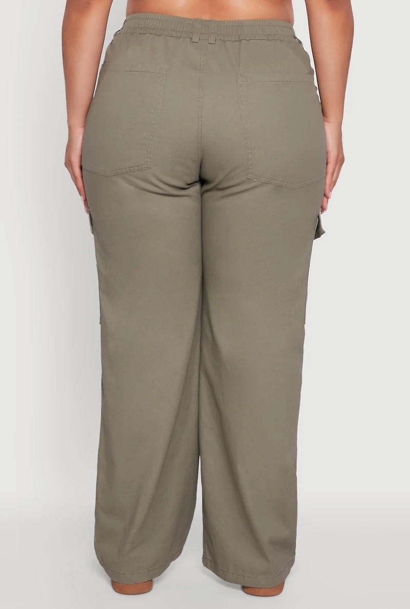 Womens Plus High Waisted Twill Wide Leg Cargo Pants, Green,