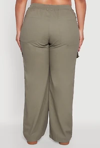 Womens Plus High Waisted Twill Wide Leg Cargo Pants, Green,