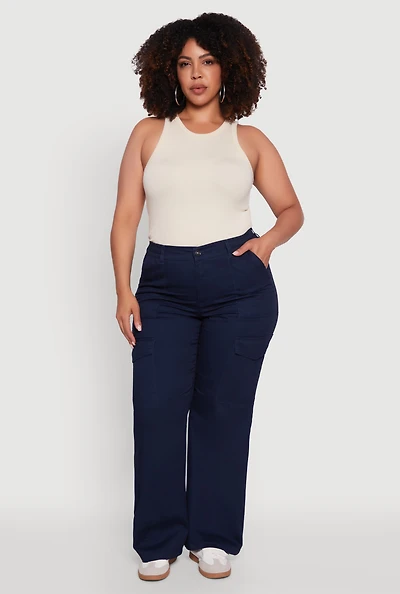 Womens Plus High Waisted Twill Wide Leg Cargo Pants,