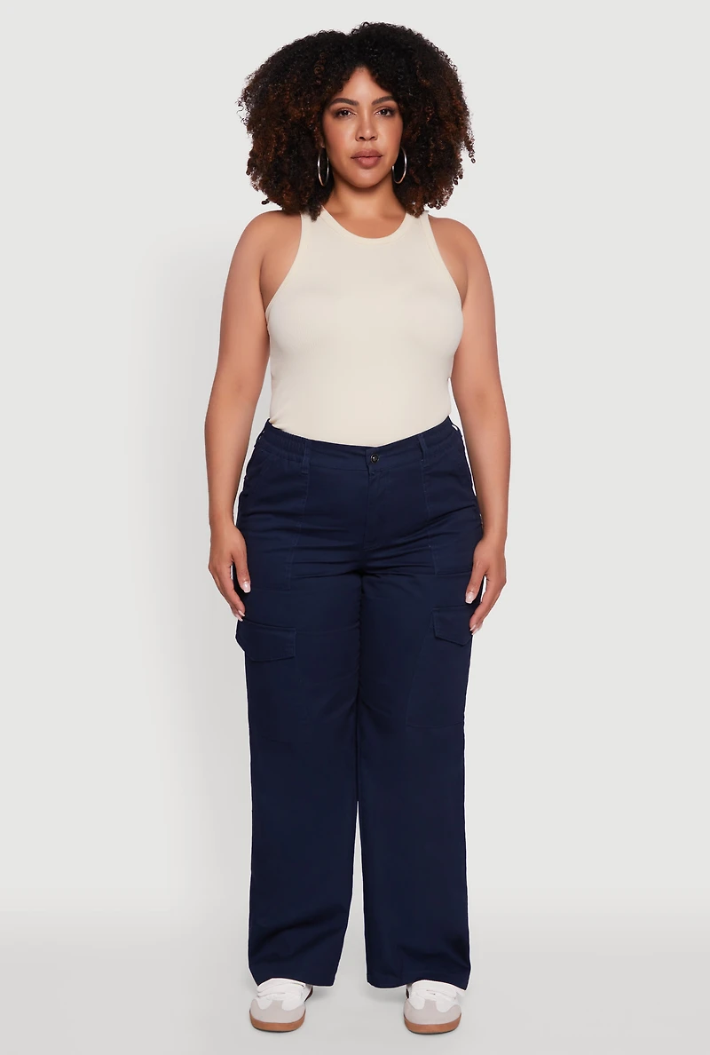 Womens Plus High Waisted Twill Wide Leg Cargo Pants, Blue,