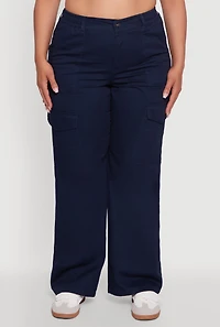 Womens Plus High Waisted Twill Wide Leg Cargo Pants, Blue,