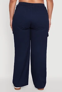 Womens Plus High Waisted Twill Wide Leg Cargo Pants, Blue,