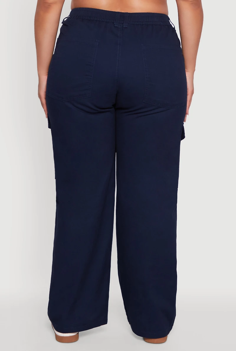 Womens Plus High Waisted Twill Wide Leg Cargo Pants,