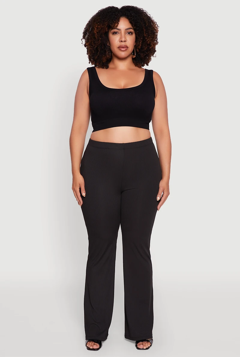 Womens Plus Rib Knit High Waisted Pull On Flare Pants, 1X
