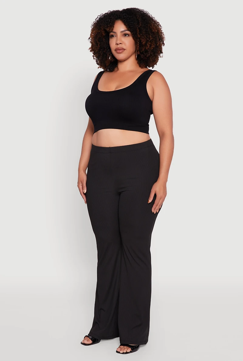Womens Plus Rib Knit High Waisted Pull On Flare Pants, 1X