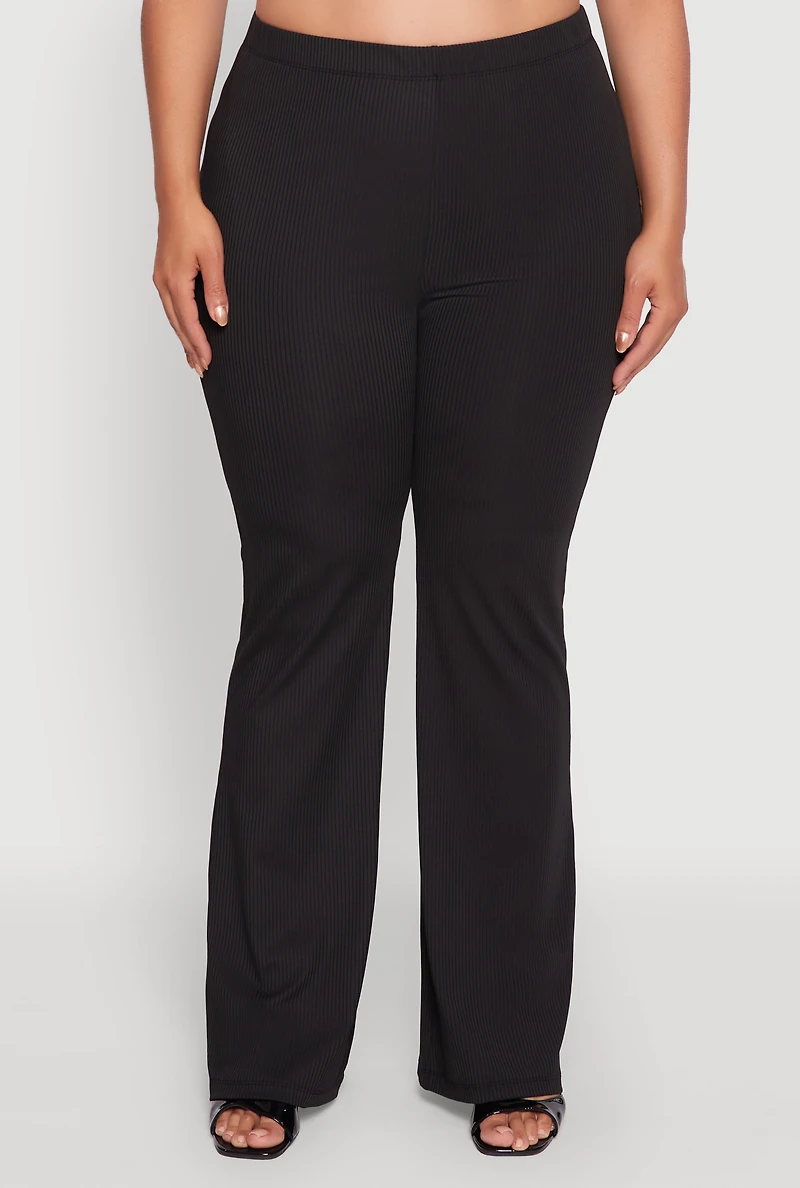 Womens Plus Rib Knit High Waisted Pull On Flare Pants, 1X