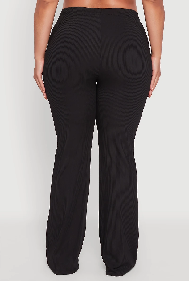 Womens Plus Rib Knit High Waisted Pull On Flare Pants, 1X