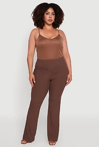 Womens Plus Size Rib Knit High Waisted Pull On Flare Pants, Brown, Size 2X