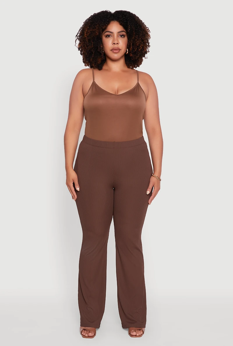 Womens Plus Size Rib Knit High Waisted Pull On Flare Pants, Brown, Size 2X