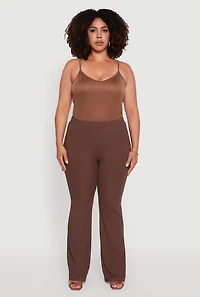 Womens Plus Size Rib Knit High Waisted Pull On Flare Pants, Brown, Size 2X