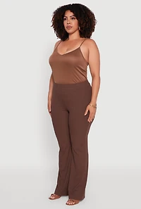 Womens Plus Size Rib Knit High Waisted Pull On Flare Pants, Brown, Size 2X