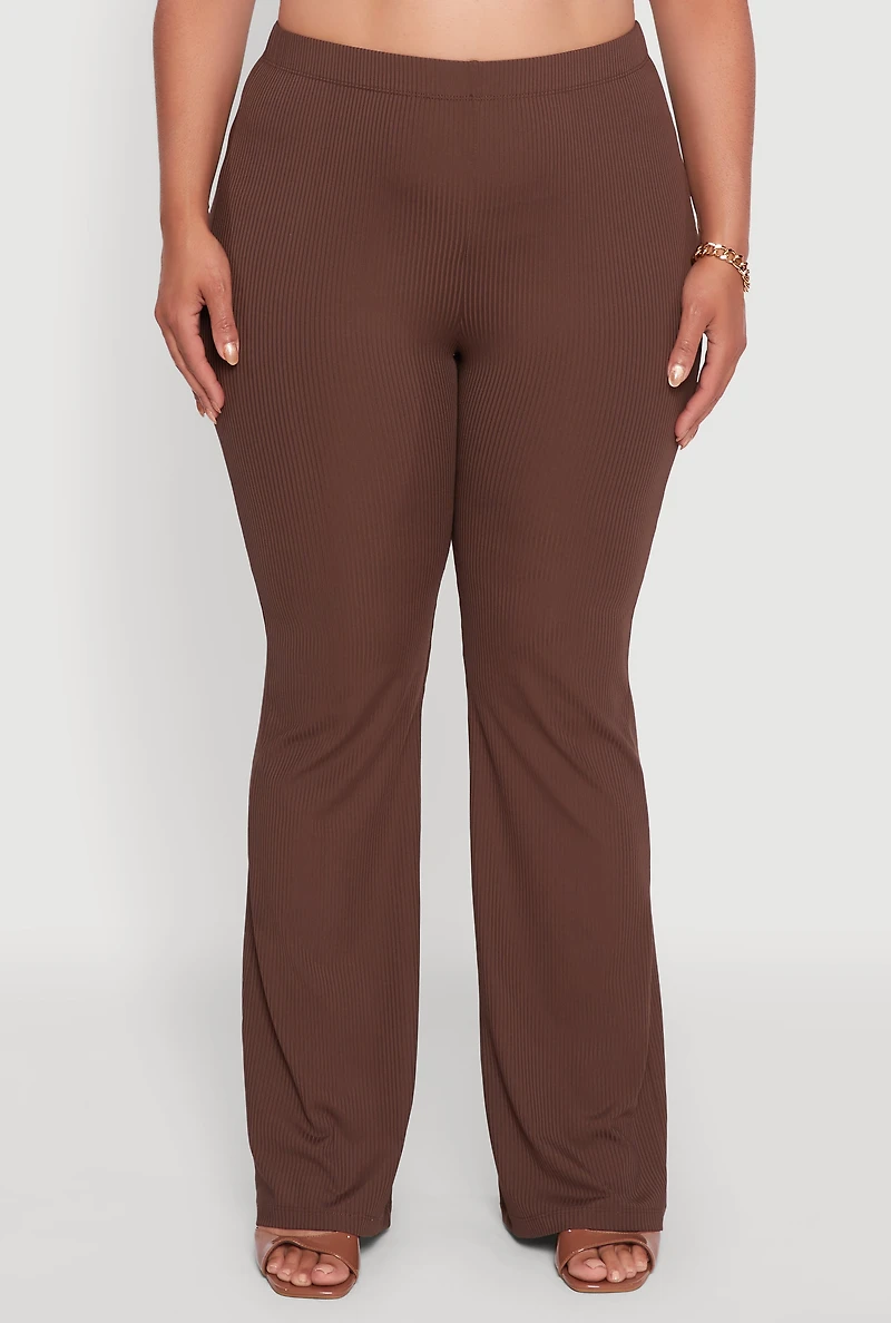 Womens Plus Rib Knit High Waisted Pull On Flare Pants,